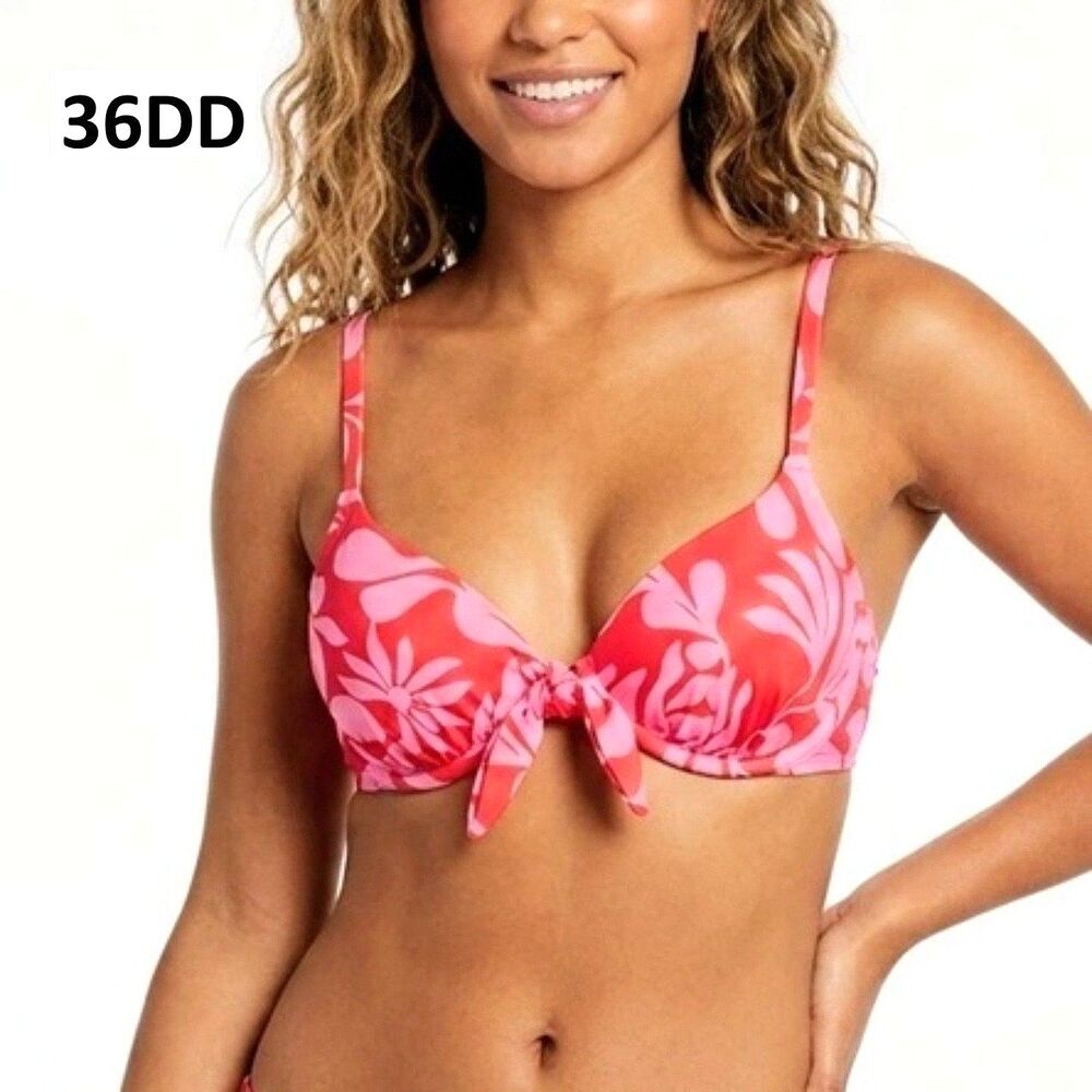 SHADE & SHORE Bikini Top Pink/Red Floral Swimwear Women Large 12/14 36DD NEW NWT